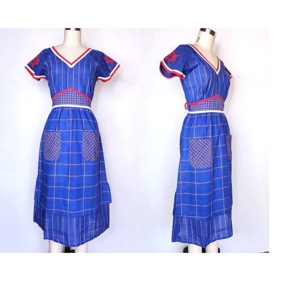 Embroidered Apron Dress with Pockets Colorful Cotton Dress 70s does 30s 40s XS - Picture 1 of 10